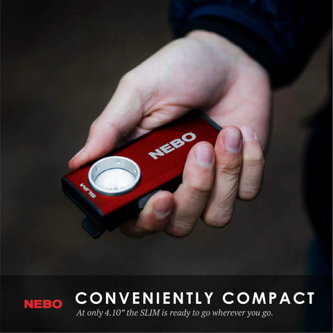 Person holding Slim 6694 Red Rechargeable Flashlight Delivers 500 Lumens Of Bright COB LED Power with compact design