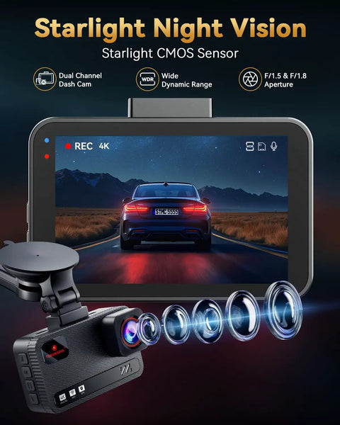 Dual 4K Front And Rear Dash Cam For Cars With Free 128GB Card showing night vision on a 3 inch IPS Screen