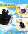 Two Pack Black Silicone Tub Stopper Shaped Like A Squirrel for bathtub, shower, and kitchen sink drains with easy install steps