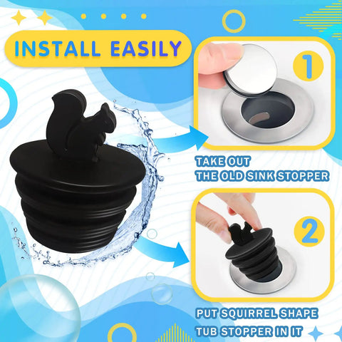 Two Pack Black Silicone Tub Stopper Shaped Like A Squirrel for bathtub, shower, and kitchen sink drains with easy install steps
