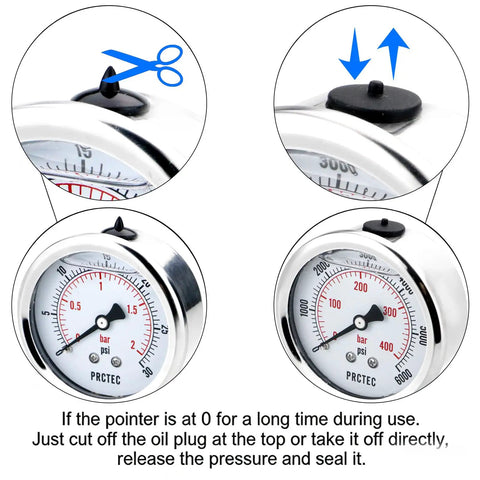 Glycerin Liquid Filled Air Pressure Gauge With 2.5 Inch Dial, Stainless Steel Case, showing oil plug for pressure release instructions
