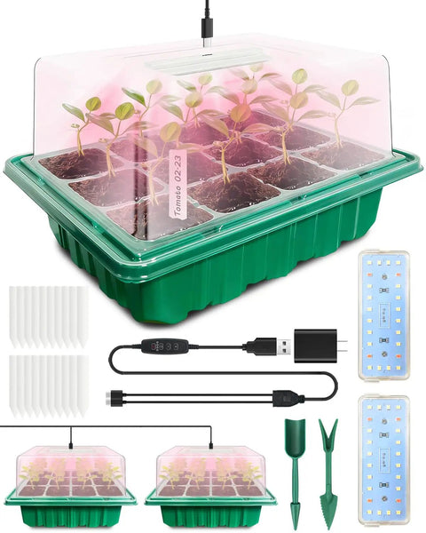 All In One Seed Starter Kit With Dual Grow Lights 2x24 LED Full Spectrum For Indoor Seedlings With Humidity Domes and Accessories