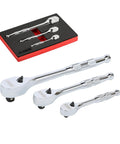 Full Polish Ratchet Set With One Quarter Inch, Three-Eighth Inch, And One Half Inch Drives, displayed with black case