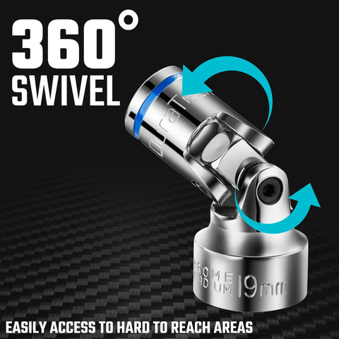 Three Eighth Inch Drive Universal Joint Socket Set Swivel Socket Set Ten Piece Metric Range Ten To Nineteen mm close-up view