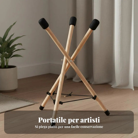 Heavy Duty Beech Wood Drum Rack With Rock Solid Tripod Frame And Adjustable Rope Fastening Foldable Portable Steel Drum Stand For Band Pros With Thick Foam Padding Large Tour Ready Setup in a home setting with a plant background.