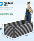 Woman standing next to a Galvanized Raised Garden Bed 6x3x2 Ft Extra Tall 22.4 Inches Deep Planter Box Bottomless for Backyard Outdoor Veggie Growing Includes 1 Tomato Cage Durable Metal Frame for Vegetables and Flowers