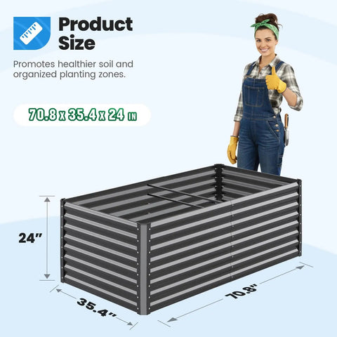 Woman standing next to a Galvanized Raised Garden Bed 6x3x2 Ft Extra Tall 22.4 Inches Deep Planter Box Bottomless for Backyard Outdoor Veggie Growing Includes 1 Tomato Cage Durable Metal Frame for Vegetables and Flowers