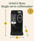 Front view of Single Serve Coffee Maker And Grinder For Home Or Office All In One No Fuss Setup With Three Serving Sizes