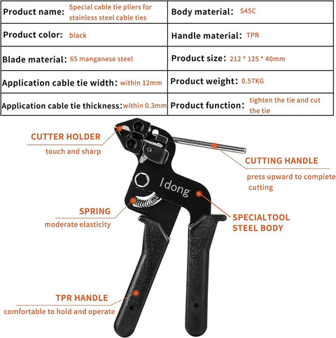 Pro Grade Heavy Duty Stainless Steel Cable Tie Gun Kit with labeled black cutting tool