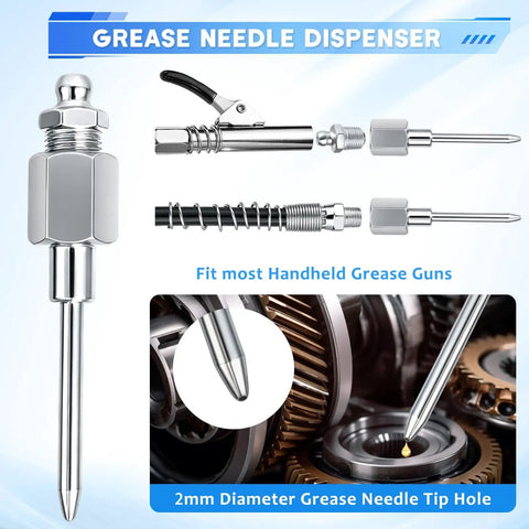 8 Piece Grease Gun Fittings Kit With 90 Degree Coupler And Sleeves, Grease Needle Dispenser shown on mechanical gears
