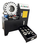Heavy Duty Electric Hydraulic Hose Crimper And Rock Solid Swage Press For One Quarter To Two Inch Lines With Quick Swap Ten Die Set High Pressure Tube Shrink Assembly Tool 5.4Hp 220V Shop Workhorse close-up of machine with multiple die slots.