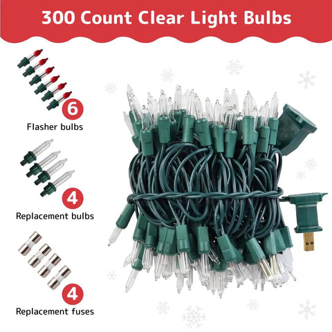 Clear 300 Count Christmas String Lights On Green Wire, 60 Ft Warm White Indoor Outdoor Use, Incandescent Holiday Lights For Xmas Trees, Patios And Fences, Includes Spares And Fuses in package with accessories included.