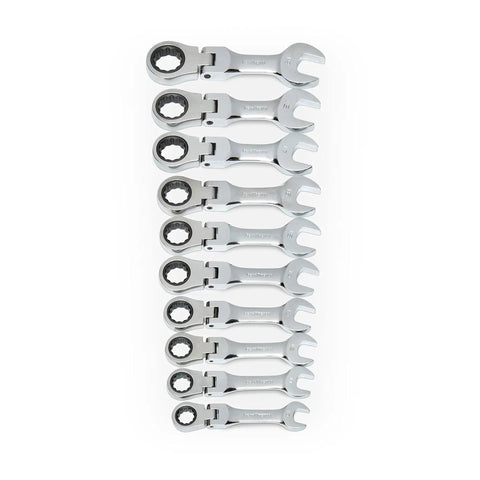 10-Pc Metric Stubby Flex-Head Ratcheting Wrench Set, 12-Point, Off-Corner Loading For Strong Grip And Quick Access To Tight Bolts