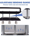 3-Station Edge Roller Bender For Sheet Metal Roofing, 0-90 Degree Adjustable Bending Tool showcasing bending range and aluminum body.