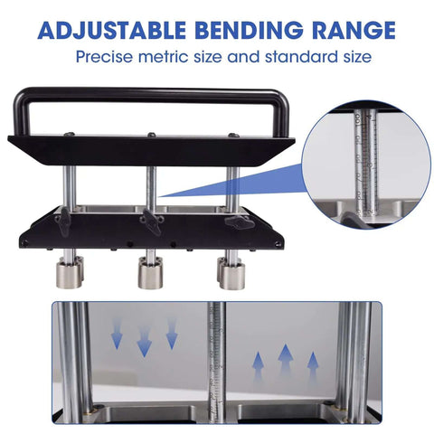 3-Station Edge Roller Bender For Sheet Metal Roofing, 0-90 Degree Adjustable Bending Tool showcasing bending range and aluminum body.