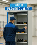 Heavy Duty Lithium Ion Battery Storage Cabinet With 90 Minute Fireproof Rating And Straight Up Secure Pressure Relief Vent Hardcore Four Shelf Safety Locker For Shop Or Garage Protection Blue, open with batteries.