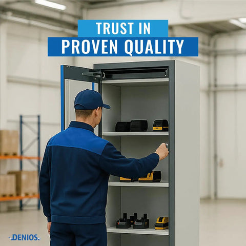 Heavy Duty Lithium Ion Battery Storage Cabinet With 90 Minute Fireproof Rating And Straight Up Secure Pressure Relief Vent Hardcore Four Shelf Safety Locker For Shop Or Garage Protection Blue, open with batteries.