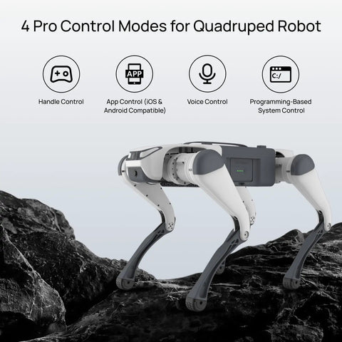 Lite 3 Basic AI Quadruped Robot Platform For Robotics Developers And Researchers Featuring Dope Mobility And AI Driven Motion Control For Algorithm Testing And Real World Robotic Application Development, side view on rocks