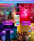 Lit Color Changing LED Bulb With Remote RGB 6 Modes Dimmable E26 Base in various settings with remote control displayed.