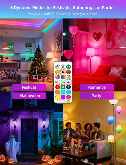 Lit Color Changing LED Bulb With Remote RGB 6 Modes Dimmable E26 Base in various settings with remote control displayed.
