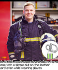 Firefighter holding helmet and SCBA mask with close-up of 4 Pack Quick Release Shackle Set With Reflective Handles For SCBA Masks