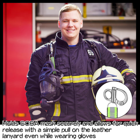 Firefighter holding helmet and SCBA mask with close-up of 4 Pack Quick Release Shackle Set With Reflective Handles For SCBA Masks