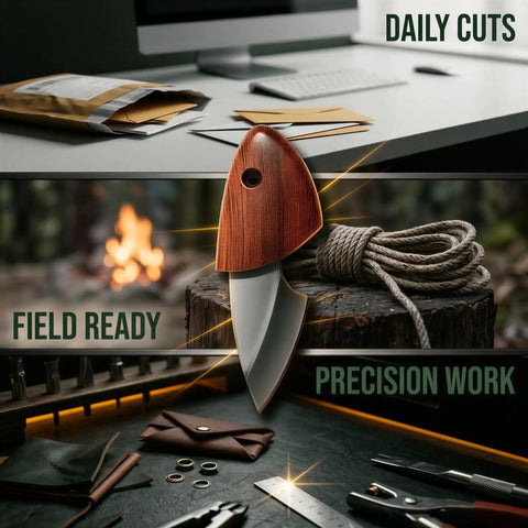 Compact Utility Knife And Box Cutter With Stainless Steel Peeler Natural Wood Handle on desk and outdoor setting