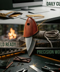 Everyday Carry Utility Knife And Box Cutter With Stainless Steel Peeler, wood handle on desk and camping setup