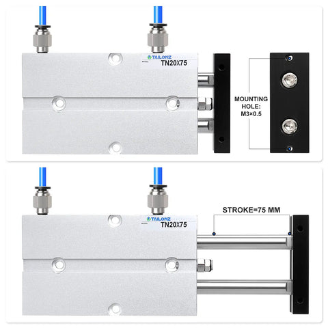 20mm Bore 75mm Stroke Double Rod Double Acting Aluminum Pneumatic Air Cylinder TN20-75 With M5 Port details