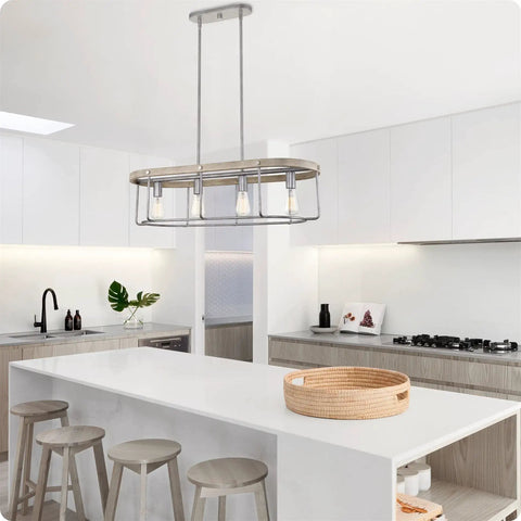 34 Inch Four Light Modern Farmhouse Kitchen Island Light With Linear Oval Metal Frame In Bleached Oak And Galvanized Steel Finish
