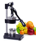 Heavy Duty Manual Cast Iron Citrus Juicer Hand Press Squeezer For Fresh Orange Lemon Juice Stable Black Countertop Kitchen Tool with fruits.
