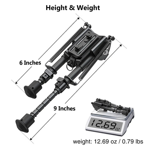 Carbon Fiber Bipod 6 to 9 Inches with M-Rail Adapter on scale, lightweight yet beefy strong, quick clamp setup for rifles