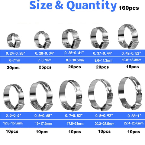 Chart of 160 Piece Single Ear Hose Clamp Kit 6mm To 25.6mm Stainless Steel 304