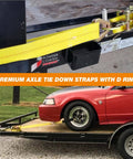 4 Pack 2 Inch By 36 Inch Premium Axle Straps With D Ring adjustable tie downs securing vehicle on trailer