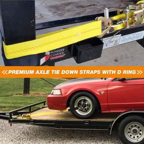 4 Pack 2 Inch By 36 Inch Premium Axle Straps With D Ring adjustable tie downs securing vehicle on trailer
