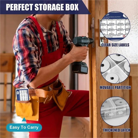 Stainless Steel Fender Washers Set 300-Piece Flat Shim Kit for Screws and Bolts, assorted sizes, storage box with labels