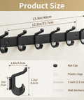 Wall Mounted Heavy Duty Metal Coat Rack With Six Hooks For Coats Hats Bags Robes Keys And Towels Entryway Mudroom Or Closet Organizer In Rust Resistant Black Finish shown with dimensions and components