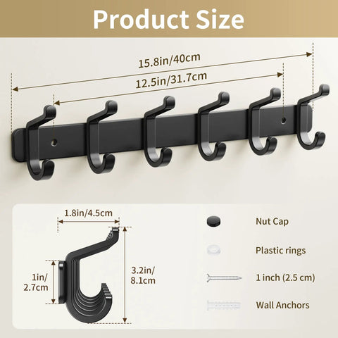 Wall Mounted Heavy Duty Metal Coat Rack With Six Hooks For Coats Hats Bags Robes Keys And Towels Entryway Mudroom Or Closet Organizer In Rust Resistant Black Finish shown with dimensions and components
