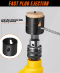 Pro Grade Door Lock Installation Kit With Adjustable Guide Template And Heavy Duty Hole Saws for fast plug ejection and chip clearance.