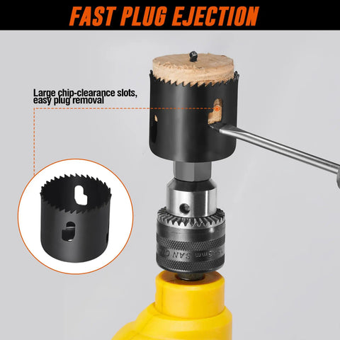 Pro Grade Door Lock Installation Kit With Adjustable Guide Template And Heavy Duty Hole Saws for fast plug ejection and chip clearance.