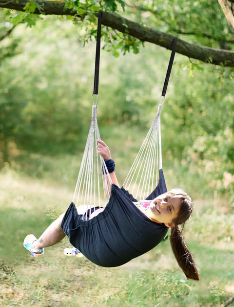 Cozy Hammock Chair Swing With Two Pillows Included, Strong Webbing Straps And Hooks For Easy Hanging, Soft Cotton Hanging Chair With Side Pocket And Tassels, Indoor Outdoor Comfort Dark Grey.