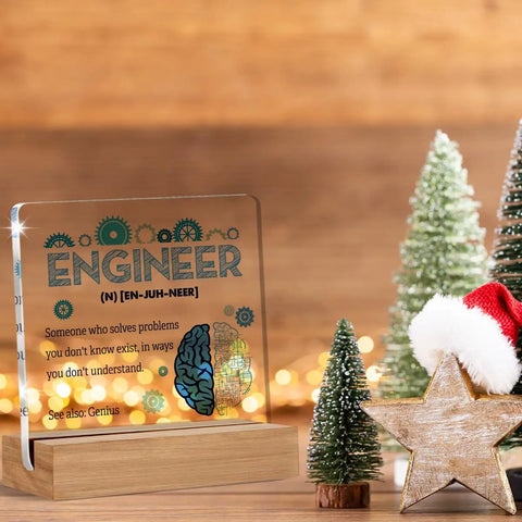 Engineer Definition Acrylic Sign Desk Decor 4 x 4 Inches with holiday decorations, featuring wooden frame and festive background.