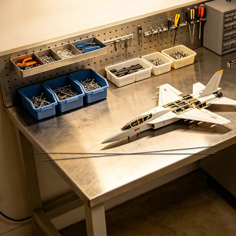 RC plane on workbench with Ten Pack Carbon Fiber Wing Spar Poles for RC Planes Heavy Duty High Strength Structural Rods for Gliders