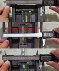 Measuring solid cast iron drill press vise dimensions with caliper; features sturdy design and smooth screw for precise clamping tasks.