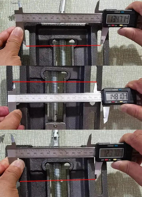 Measuring solid cast iron drill press vise dimensions with caliper; features sturdy design and smooth screw for precise clamping tasks.