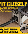 Locking Dust Collection Fittings for 4 Inch Woodworking Shop Vacuums attached to table saw with secure connection