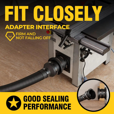 Locking Dust Collection Fittings for 4 Inch Woodworking Shop Vacuums attached to table saw with secure connection