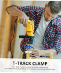 Man using Heavy Duty Track Hold Down Clamp For Woodworking And Carpentry with T-track and drill in a woodshop setting