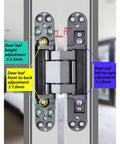 Heavy Duty Adjustable Hidden Cross Hinge Set For Zero Hang Ups 180 Degree Dead Silent Glide adjustments shown with outlined dimensions.