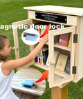 Outdoor Little Library Box With Stand And Nameplate, Weather Resistant Natural Wood Finish, Clear Doors To Keep Books Dry, young girl reaching inside